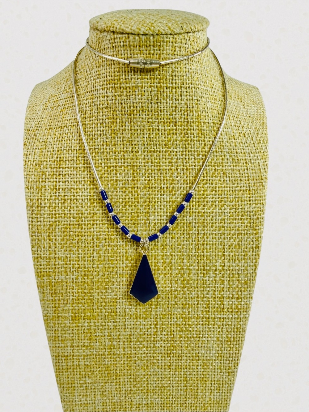 Sterling Silver Cobalt Blue Stone Amulet Pendant 16” Necklace Cylinder Chain